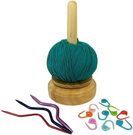 Spinning Yarn Holder BUNDLE with 3 Cable Needles AND Stitch Markers, Yarn Butler, Wooden, Knitting Pack, Easy, Thread Holder, Wool Holder, Revolving, Twirling, Knot Free Knitting, Wood