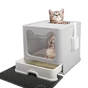 Foldable Cat Litter Box with Lid, Extra Large Covered Cat Litter Box with Litter Mat and Scoop, Enclosed Kitty Litter Box, Easy to Clean Litter Pan (Grey)