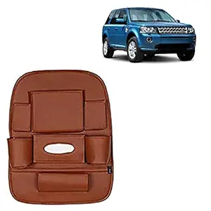 RD Universal PU Leather Car Auto Seat Back Organizer Multi Pocket Travel Storage Bag with Hangers, Tissue Paper and Bottle Holder-Tan Colour Compatible for Land Rover Freelander