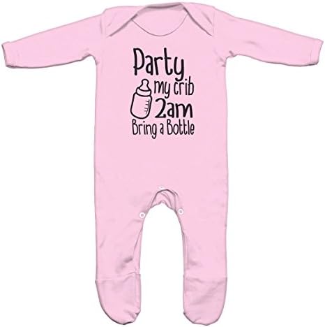 Party My Crib 2am Bring A Bottle Baby Romper Sleep Suit (Baby Pink, 6-12m)