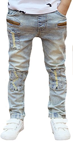 EKU Boys Ripped Splicing Washed Zipper Patched Denim Jeans Pants 7-8y blue