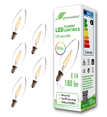 5x Bombilla de filamento LED greenandco® IRC 90+ E14 2W (corresponde a 19W) 180lm 2700K (blanco cálido) 360° 230V AC vidrio, sin parpadeo, no regulable