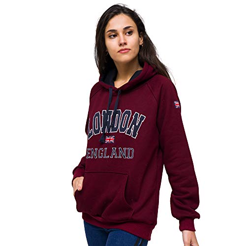 Official London Hoodies Sudaderas con Capucha para Mujer, diseño de la Bandera de Inglaterra Rojo Granate Oscuro S