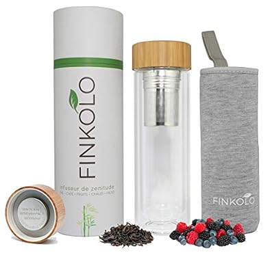 Finkolo Bouteille Infusion Isotherme Pour Thé Café Fruit | Infuseur Théière Nomade en Verre Double Paroi avec Passoire Filtre Inox | Couvercle Bambou et Housse Néoprene | Tasse Thermos 420ml