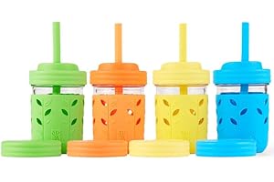 Elk and Friends Kids & Toddler Cups | The Original Glass Mason Jars 8 oz with Silicone Sleeves & Silicone Straws with Stoppers | Smoothie Cups | Spill Proof Sippy Cups for Toddlers | 4 Pack