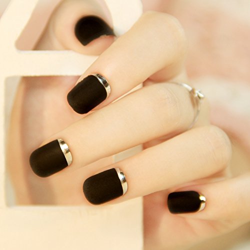 24PCS Matte with Metallic French Acrylic False Nails Fake Nail Full Cover Medium Nail Tip Art Black&Silver