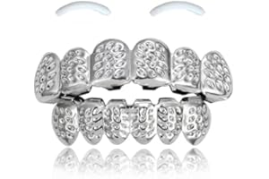 SSyang 18K Hip Hop Teeth Grills for Mouth Braces Decoration with 2 Silicone Moldings Hip Hop Teeth Grills for Mouth Top Bottom Music Festival Party Rapper Decorations (Silver,Flower Style)