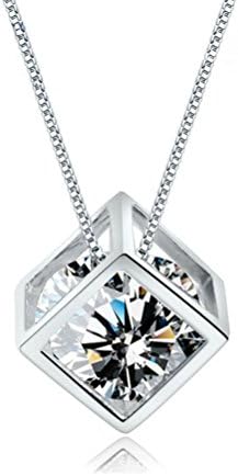 Square Cubic Zirconia Love Cube Sterling Silver Pendant Necklace for Women 18 inches