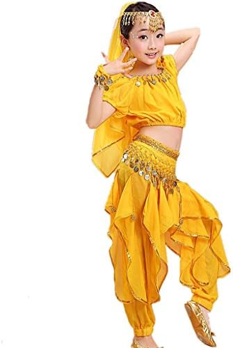 Wgwioo Short Sleeve Harem Spiral Multi-Color Hanging Coins Girl Belly Dance Costumes Kid'S Performance Sets , 1 , M