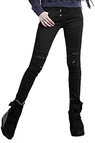 DEVIL SHACKLES Punk Vintage Big Elastic Jeans Gothic Black Pants Trousers for Women,M