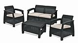 Keter Corfu Outdoor 4 Seater Rattan Furniture Set with Accent Table - Graphite with Cream Cushions (Garden &amp; Outdoors)