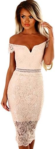 shelovesclothingWomen's New Off-Shoulder Sweet Heart Lace Bardot Stretch Midi Dress (UK XLarge 20-22, Apricot)