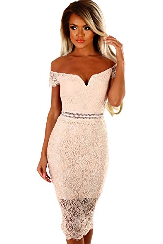 shelovesclothingWomen's New Off-Shoulder Sweet Heart Lace Bardot Stretch Midi Dress (UK XLarge 20-22, Apricot)