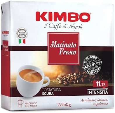Kimbo, Caffè Macinato, 2x250gr, Miscela Macinato Fresco, Ideale per Moka, Intensità 11/13, Tosctatura Scura, 2 Confenzioni da 250 gr
