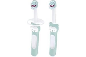 MAM Baby's Brush | 2 Pack | Toothbrush with Safety Shield | 6+ Months | For Teaching Dental Hygiene to Babies | Extra Soft Bristles | Ergonomic and Non-Slip | Blue/White