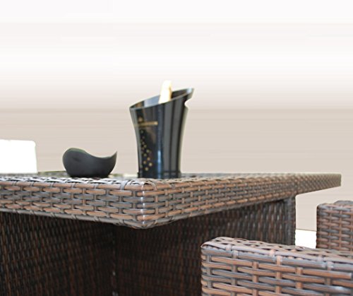 Gartenmöbel PolyRattan Essgruppe Tisch mit 4 x Stuhl & 4 Hocker DEUTSCHE MARKE -- EIGNENE PRODUKTION Garten Möbel incl. Glas und Sitzkissen Ragnarök Möbeldesign braun Rattan