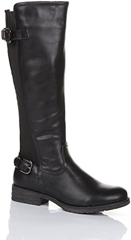 LADIES WOMENS ELASTICATED FAUX LEATHER RIDING KNEE WIDE CALF HIGH SHOE BOOT UK SIZES 3: 8 (3, BLACK)