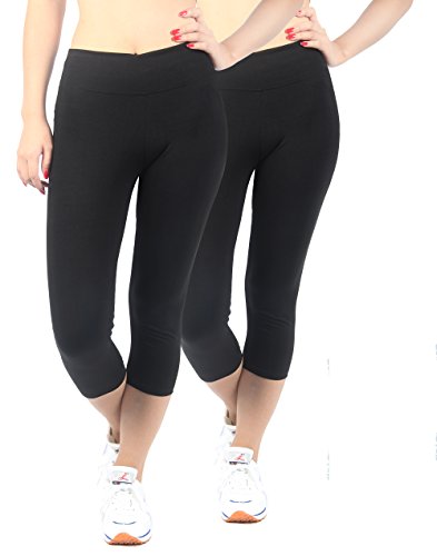 Lot 2 Femme Corsaire de Sport Pantacourt uni Legging Slim Taille élastiqué Noir M