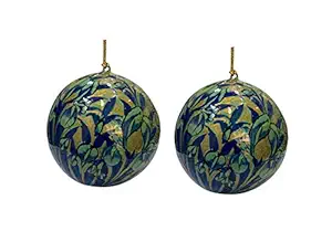 Marigold Multicolor Round Kashmiri Paper Mache Balls Hanging Ornament Tree Decorations Blue & Golden Floral Print