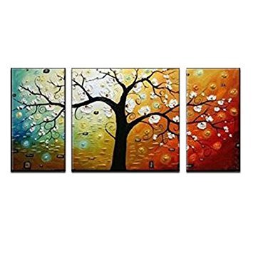 Wieco Art Triptyque Peint à la Main sur Toile, Motif Moderne d'arbre pour décoration d'intérieur