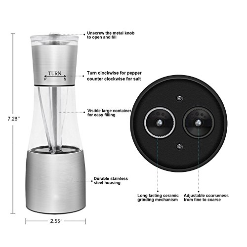 Salz- und Pfeffermühle, GEEKHOM Salz- und Pfeffermühle 2-in-1 Gewürzmühlen-Set mit verstellbarem mechanischen Keramikmahlwerk, Glasgehäuse, rostfreier Edelstahlsalzmühle - 4