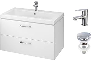 VBChome Lavandino con mobiletto 80 cm con rubinetto e valvola pop up, 2 cassetti, bianco lucido, mobile da bagno sospeso
