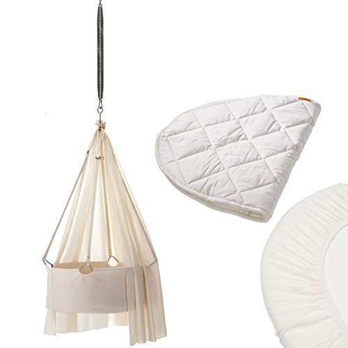 Preisvergleich Produktbild Leander Wiege Komplett-Set mit Schlummerli-Feder, Himmel, Matratzenauflage, 2er-Pack Spannbettaken