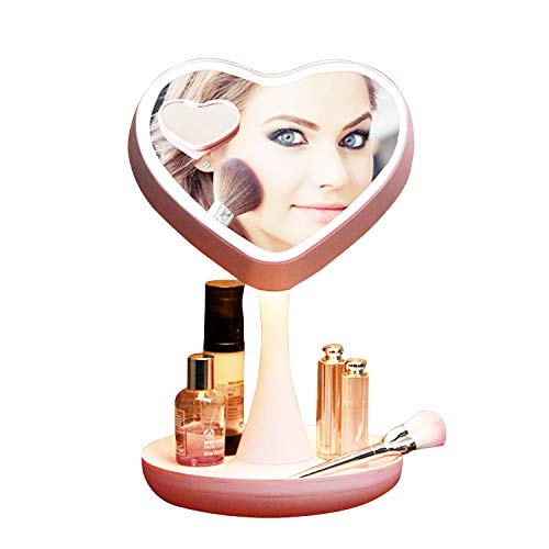 WPT trucco specchio con luci e ingrandimento 5 x batteria specchio cosmetico con dimmerabile LED luce soffusa, rotazione di 180 ° regolabile, organizer, base, batteria incorporata (rosa)