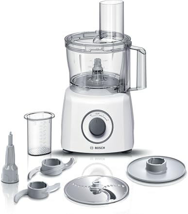 Bosch Robot da Cucina Multifunzione Compatto MCM3100W, Oltre 20 Funzioni, 800 W, 2 Velocità, Ciotola 2,3 l, Tanti Accessori Inclusi per Affettare, Tagliare, Grattugiare, Impastare e Montare, Bianco