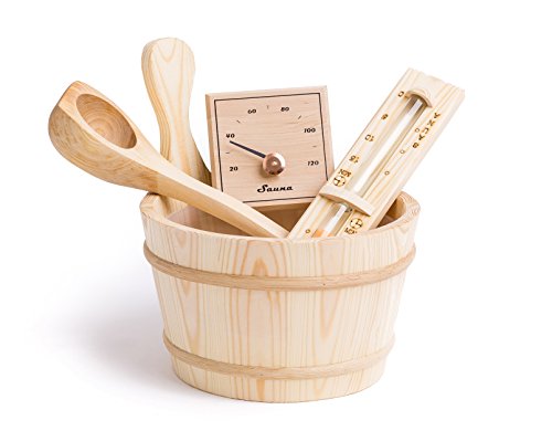 Sauna Set - 4-teilig: Saunakübel / Saunaeimer, Schöpfkelle, Saunathermometer und Sanduhr (Pinetta)