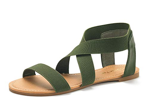 DREAM PAIRS ELATICA-6 Sandalias de Planas Correa Tobillo Elástico Verano para Mujer Ejército Verde 38 EU/7.5 US