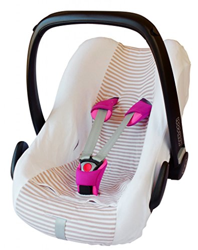 ByBoom® - Summer cover / protective cover - made from 100% cotton, Universal cover for infant and child car seats eg, Maxi-Cosi CabrioFix, City, Pebble, Color:White/Beige Stripe