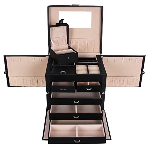 Songmics XXL Schmuckkästchen abschließbar mit spiegel Schublade und Mini-Box 5 Schichten mit 5 Schubladen Schwarz JBC05B