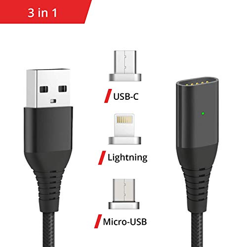 Liamoo   3en1 C  ble Magn  tique USB Chargeur en noir avec 3 adaptateurs     Lightning     USB Type C     Micro USB     Multiple- C  ble de Charge Rapide avec LED     Nylon brais  