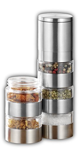 Esmeyer 290-246 Gewürzmühle SPICY mit 5 getrennten Ebenen, Keramikmahlwerk und Kunststoff Dosen, Ø: 50 mm, Höhe: 250 mm, Volumen: 5x0,05 Liter,