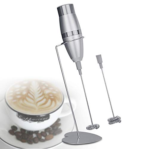 Espumador de leche Plata ? esky24 batteriebetrieb Manejable espumador Juego con sencilla & Doble Varilla, cepillo de limpieza, soporte y carcasa para Latte, Capuchino, Chocolate Caliente, etc.