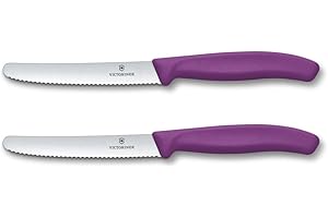 Victorinox Swiss Classic, Couteau à petit déjeuner, Couteau à pain, Lame tranchante, dentelée, 11 cm, Manche plastique, Acier inoxydable, Set 2 Pièces, Violet