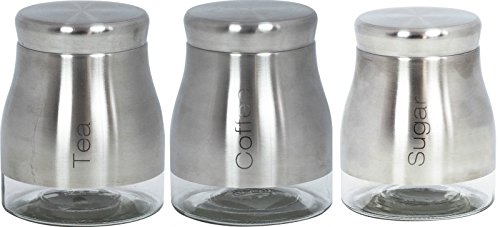Set of 3 Stainless Steel Glass Tea Coffee Sugar Canister Caddy Set Cream Red & Stainless Steel (Stainless Steel) by Sabichi