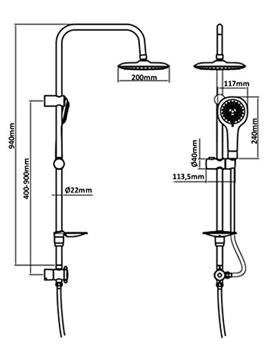 Dusch Set Brauseset Duschsystem Duschgarnitur Duschstange variable Halter 40 – 90cm runde Kopfbrause Regendusche Regenbrause Dusche Duschset Brause Set Komplettdusche für vorhandene Bohrlöcher Duschbrause 100cm lang 12001-Blau - 2