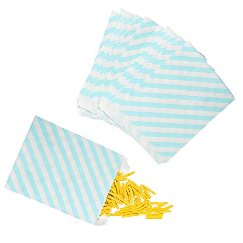 HUI JIN Lot de 100 sachets en Papier à Rayures pour gâteaux, buffets, Bonbons, etc. 12,7 x 17,8 cm Bleu Clair