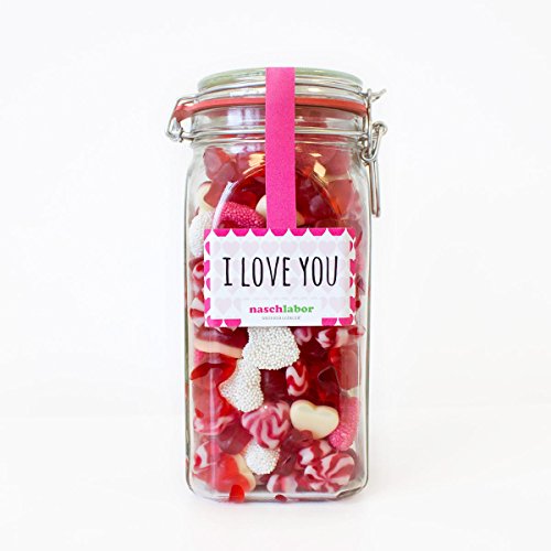 Naschlabor Gefülltes XXL Süßigkeitenglas I love you - Premium Candy, Fruchtgummi, Weingummi, Geschenk für Freundinnen, Frauen, Männer und Kinder, Willkommensgeschenk