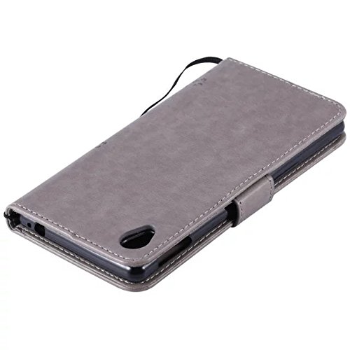 Cozy Hut [New Style] Sony Xperia M4 Aqua Hülle in Katze und Baum muster seitlich aufklappbare Schutzhülle / integrierte Kartenfächer / Klapptasche Etui Wallet Stil Handy Tasche – grau - 6