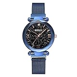 AchidistviQ-Damen-Armbanduhr, Sternenhimmel, magnetisch, rundes Zifferblatt, Keine Zahlen, Quarzlegierung, Blau