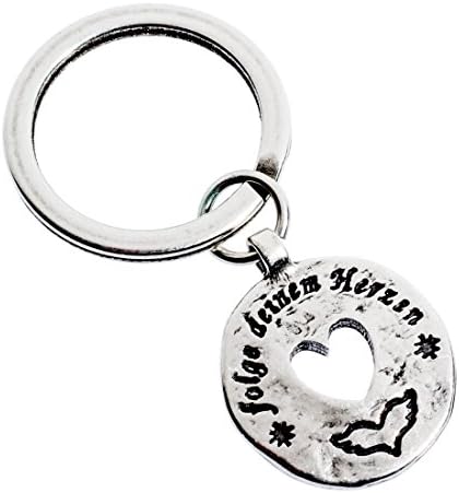 Keyring Silver silver-plated in German Language folge deine herzen translation in Englich follow your heart full size 65 MM