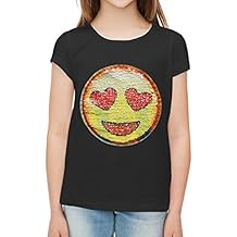 Lentejuela, emociones, camiseta de chicas, cara feliz del smiley amor. (14 años, Negro)