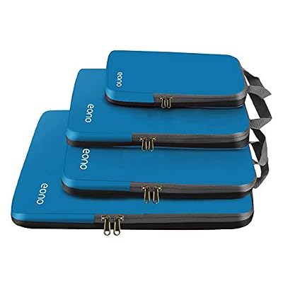 Eono by Amazon - Organiseurs de Bagage, Bagage Sac Compression pour Voyage Maquillqage Vêtement, Sac Organisateur Rangement de Valise, Compression Packing Cubes, Bleu foncé, 4 Set