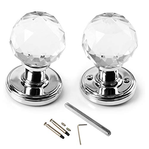 Un par de pomos de puerta de cristal transparente de 65 mm para cocina, pomo de puerta de dormitorio, tirador con tornillo, juego de herramientas para el hogar