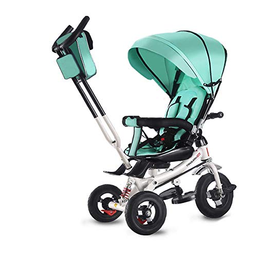 Baby Tricycle, 4-in-1 Foldable Steer Stroller with 5-Point Belt, Adjustable Canopy, Storage Bag, Detachable Sponge Guardrail (Green)