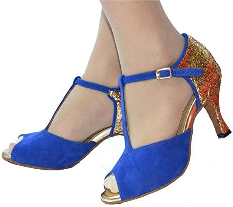 Women Sandals Glitter Salsa Latin Samba Tango Ballroom High Heel Leather Suede Soft Soles T-Strap Buckle Dance Shoes Blue . C . 35