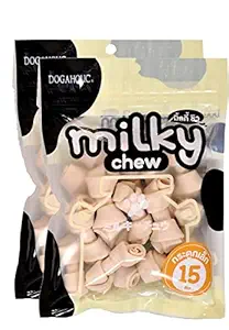 Dogaholic Dog Treats Favorite Flavors Available in Multi Packs 15 Pieces of Milky Chews Knotted Bone Style of Delicious Milk Flavour and Suitable for All Breeds of Dogs, Pack of 2